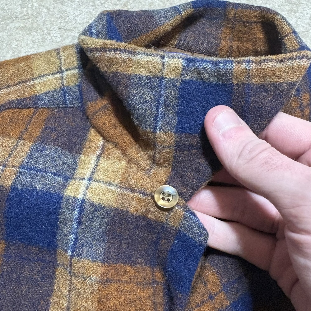 Vtg Pendleton Shirt Mens Large Brown Plaid Wool Flannel Loop Collar Made USA 60s - Picture 5 of 12